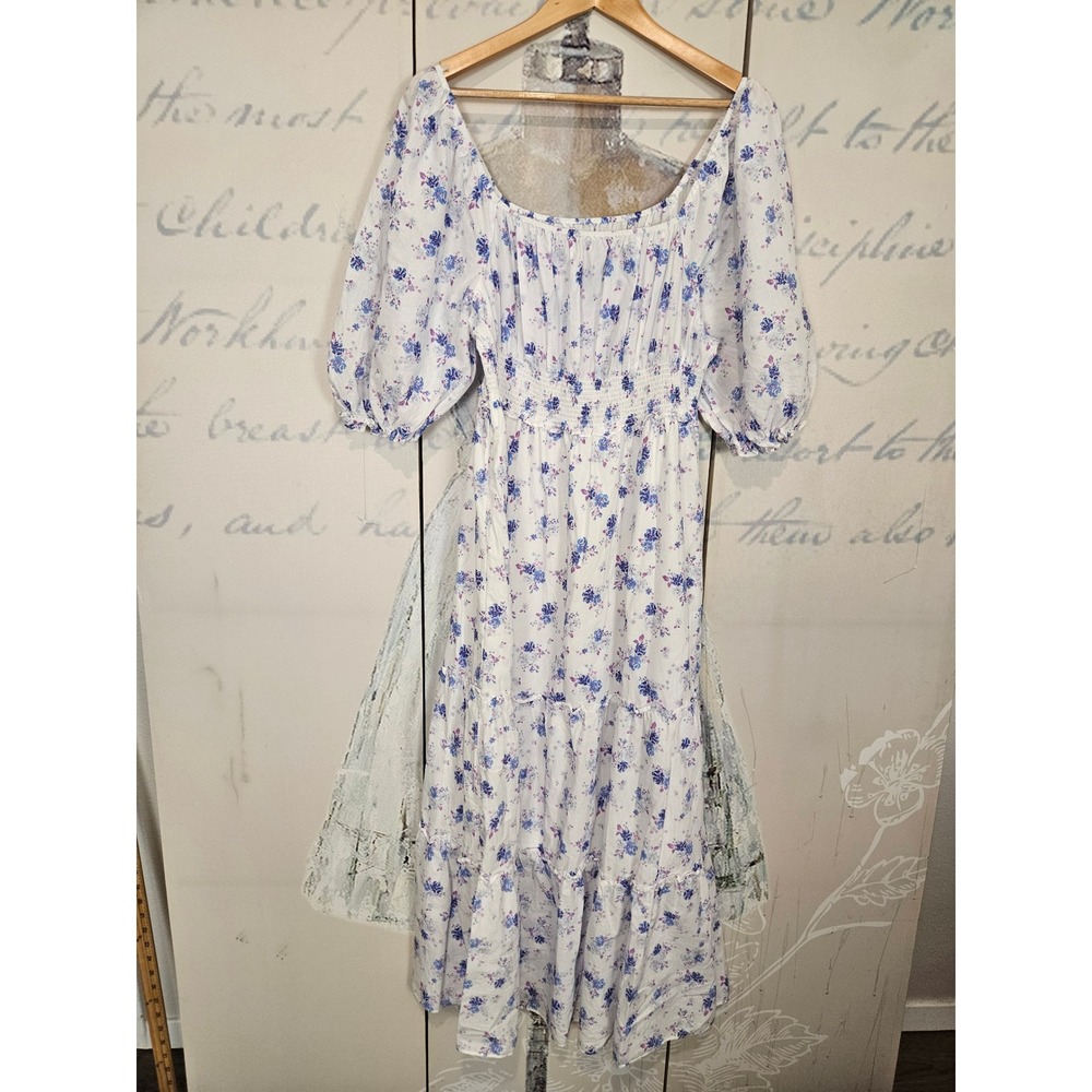 LoveShackFancy x Target Maxi Dress XL White Blue Floral Smocked Puff Sleeve Boho